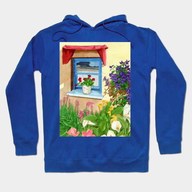 blue provencal window Hoodie by Patrizia Donaera Illustration